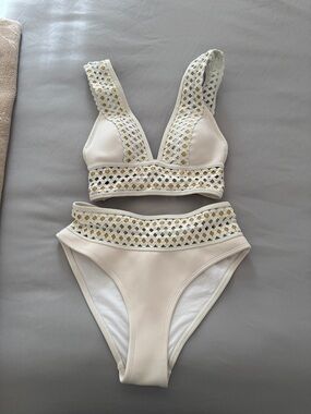 River Island Cream and Gold Crocheted Bikini Set
